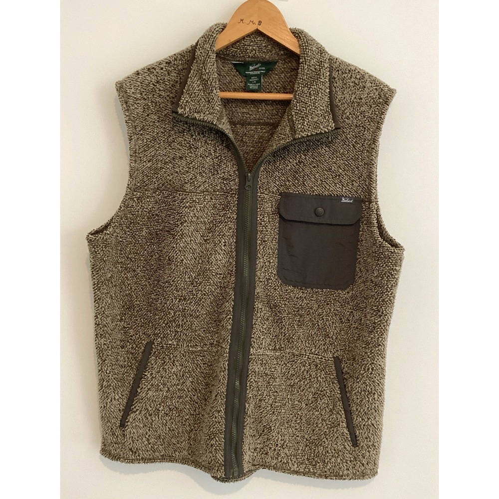 Woolrich Men's Fleece Vest Large Full Zip Sleeveless Pockets Olive Tan Soft Cozy